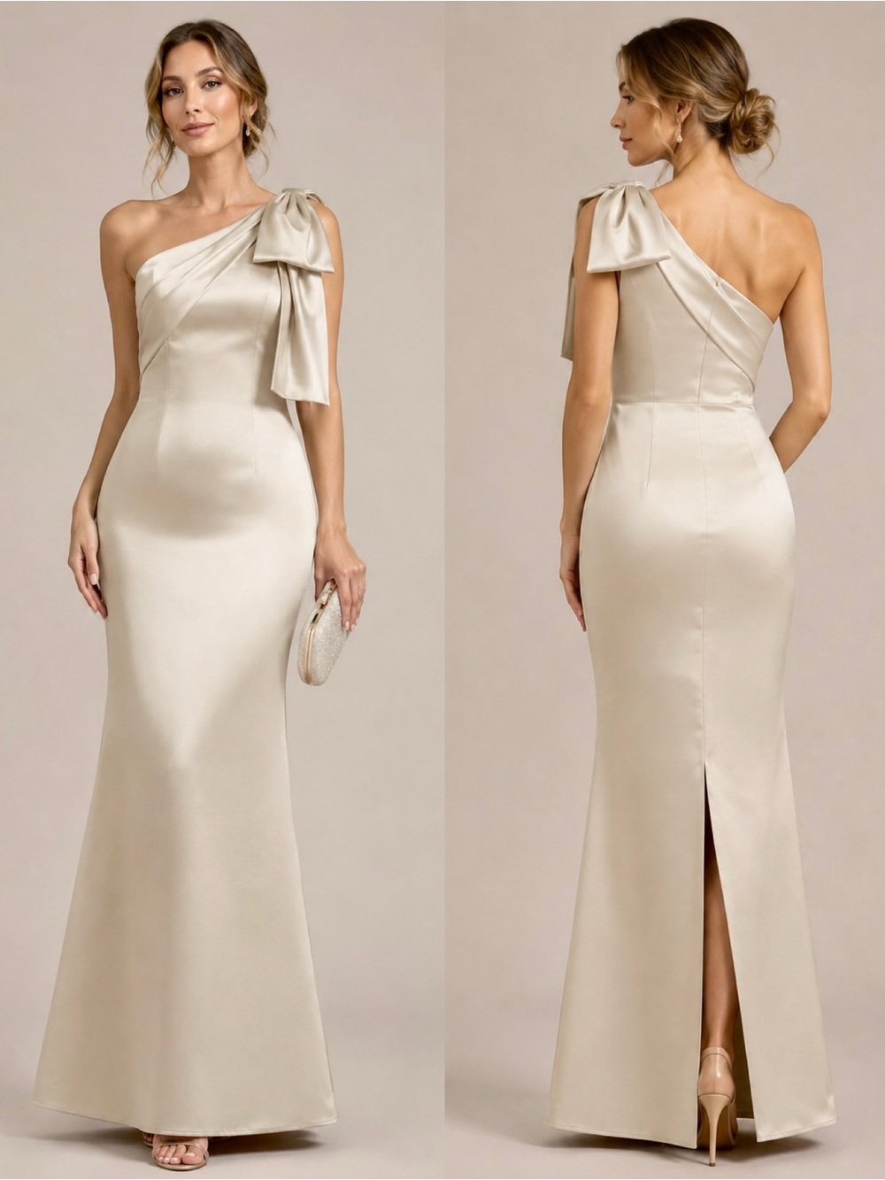 JJ's House Brylei One Shoulder Bow Satin Champagne Silver Maxi Dress | 0